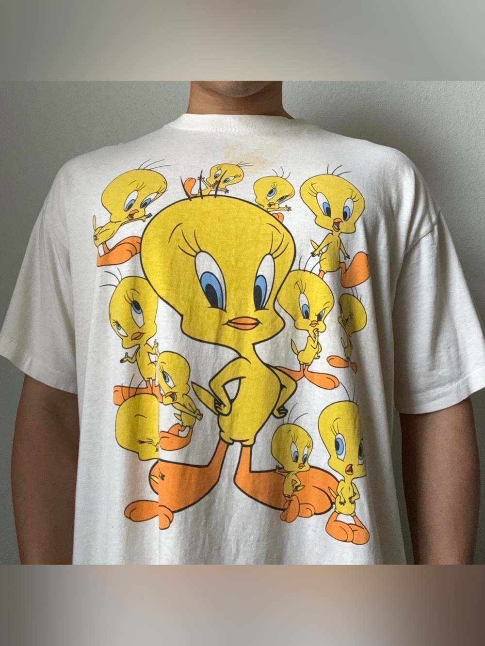 Vintage 1995 Looney Tunes Tweety AOP Graphics White Single Stitched Tee Shirt